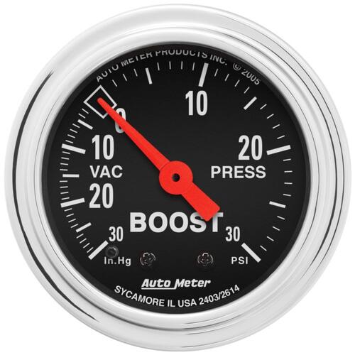 Autometer Gauge, Vac/Boost, 2 1/16", 30Inhg-30Psi, Mechanical, Traditional Chrome, Traditional Chrom