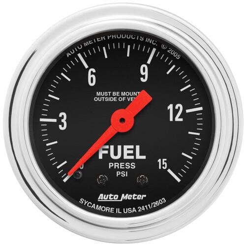 Autometer Gauge, Fuel Pressure, 2 1/16", 15Psi, Mechanical, Traditional Chrome, Traditional Chrome