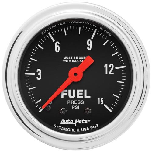 Autometer Gauge, Fuel Pressure, 2 1/16", 15Psi, Mech. W/Isolator, Traditional Chrome, Traditional Ch