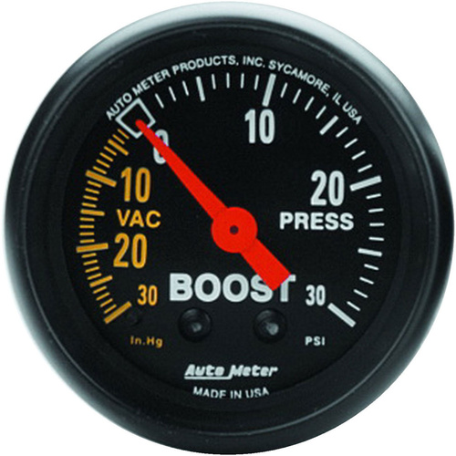 Autometer Gauge, Z-Series, Vacuum/Boost, 2 1/16 in., 30 in. Hg/30psi, Mechanical, Analog, Each