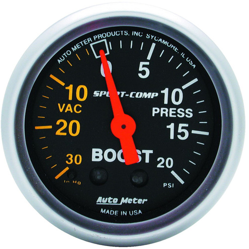 Autometer Gauge, Sport-Comp, Vacuum/Boost, 2 1/16 in., 30 in. Hg/20psi, Mechanical, Analog, Each