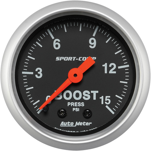 Autometer Gauge, Sport-Comp, Boost, 2 1/16 in., 15psi, Mechanical, Analog, Each