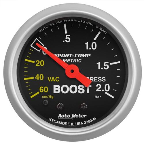 Autometer Gauge, Vac/Boost, 2 1/16", 60Cmhg - 2.0Bar, Mechanical, Sport-Comp, Sport-Comp