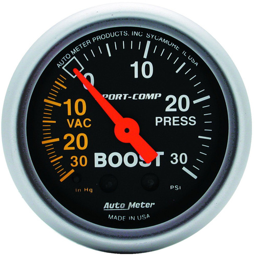 Autometer Gauge, Sport-Comp, Vacuum/Boost, 2 1/16 in, 30 in. Hg/30psi, Mechanical, Analog, Each