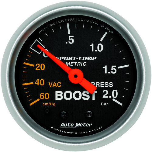 Autometer Gauge, Sport-Comp, Vacuum/Boost, 2 1/16 in., 60CMHG - 2.0BAR, Mechanical, Each