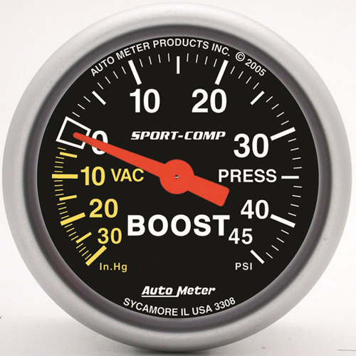 Autometer Gauge, Sport-Comp, Vacuum/Boost, 2 1/16 in., 30 in. Hg/45psi, Mechanical, Analog, Each