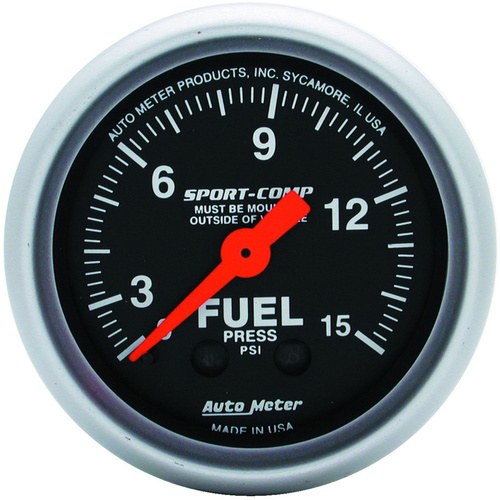 Autometer Gauge, Sport-Comp, Fuel Pressure, 2 1/16 in., 15psi, Mechanical, Analog, Each