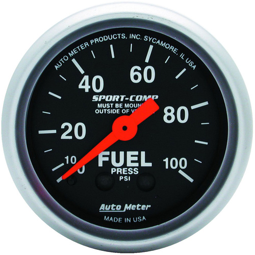 Autometer Gauge, Sport-Comp, Fuel Pressure, 2 1/16 in, 100psi, Mechanical, Analog, Each
