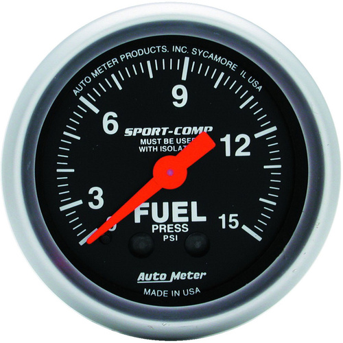 Autometer Gauge, Sport-Comp, Fuel Pressure, 2 1/16 in., 15psi, Mechanical W/Isolator, Each