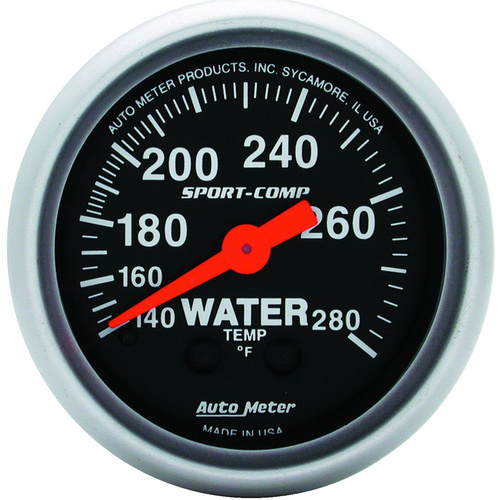 Autometer Gauge, Sport-Comp, Water Temperature, 2 1/16 in., 140-280 Degrees F, Mechanical, Analog, Each