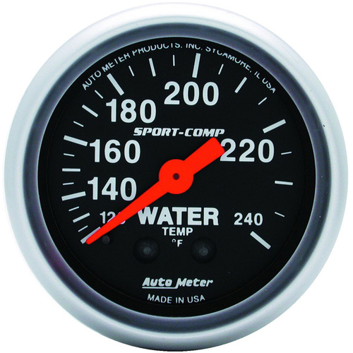 Autometer Gauge, Sport-Comp, Water Temperature, 2 1/16 in., 120-240 Degrees F, Mechanical, 12ft., Analog, Each