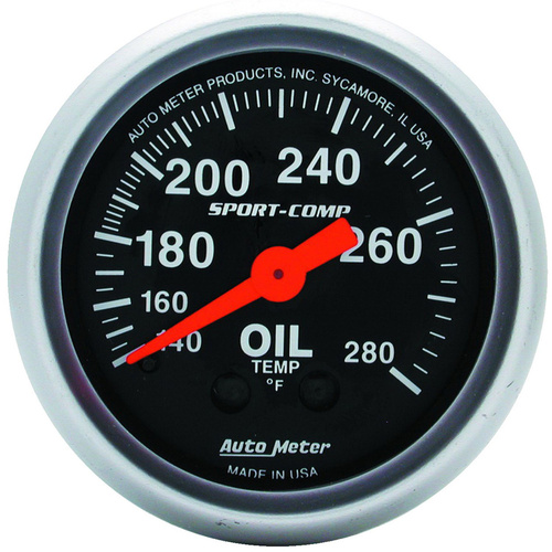 Autometer Gauge, Sport-Comp, Oil Temperature, 2 1/16 in, 140-280 Degrees F, Mechanical, Analog, Each