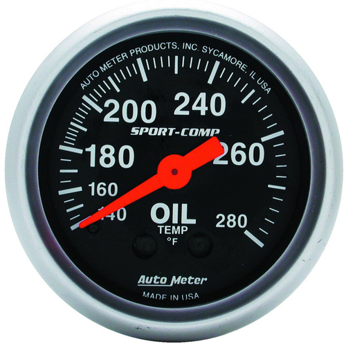 Autometer Gauge, Sport-Comp, Oil Temperature, 2 1/16 in., 140-280 Degrees F, Mechanical, Analog, Each
