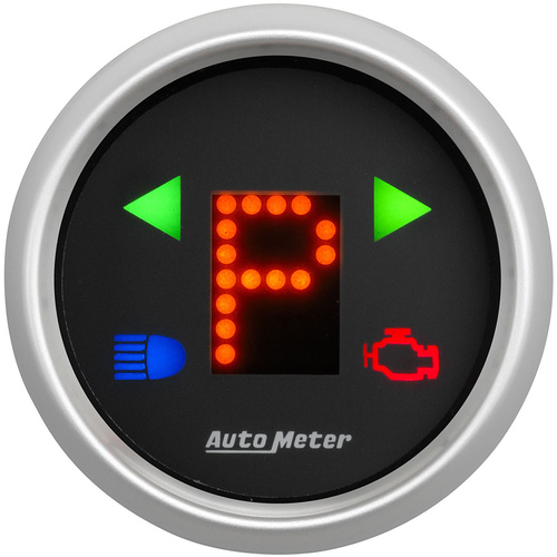 Autometer Gauge, GEAR POS, 2 1/16 in., INCL INDICATORS, Black Dial, Red LED, Silver Bezel