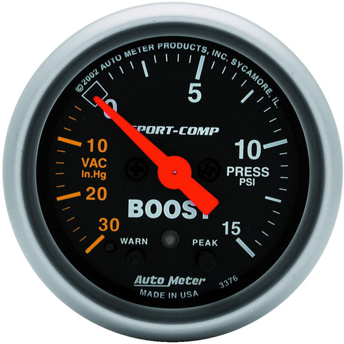 Autometer Gauge, Sport-Comp, Vacuum/Boost, 2 1/16 in., 30 in. Hg/15psi, Stepper Motor W/Peak & Warn, Analog, Each