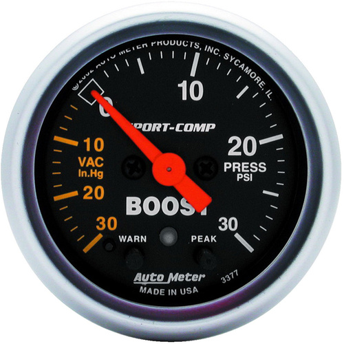 Autometer Gauge, Sport-Comp, Vacuum/Boost, 2 1/16 in., 30 in. Hg/30psi, Stepper Motor W/Peak & Warn, Analog, Each