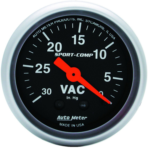 Autometer Gauge, Sport-Comp, Vacuum, 2 1/16 in., 30 in. Hg, Mechanical, Analog, Each