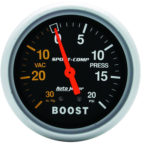 Autometer Gauge, Sport-Comp, Vacuum/Boost, 2 5/8 in., 30 in. Hg/20psi, Mechanical, Analog, Each