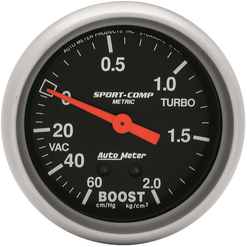 Autometer Gauge, Sport-Comp, Vacuum/Boost, 2 5/8 in., 60CMHG - 2.1KG/CM2, Mechanical, Each