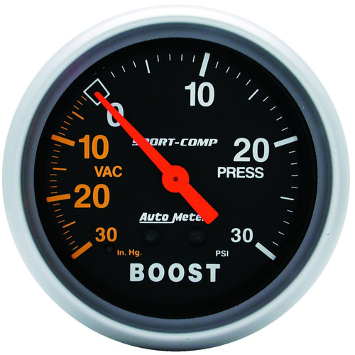Autometer Gauge, Sport-Comp, Vacuum/Boost, 2 5/8 in., 30 in. Hg/30psi, Mechanical, Analog, Each