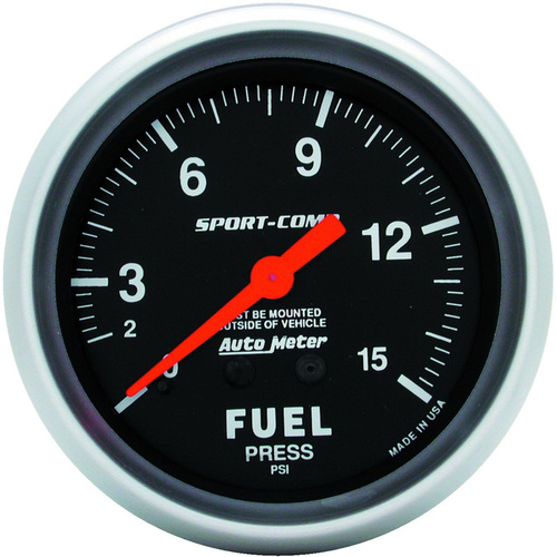 Autometer Gauge, Sport-Comp, Fuel Pressure, 2 5/8 in, 15psi, Mechanical, Each