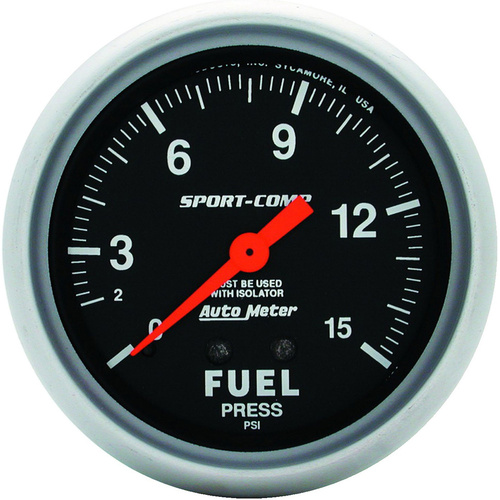 Autometer Gauge, Sport-Comp, Fuel Pressure, 2 5/8 in., 15psi, Mechanical W/Isolator, Analog, Each