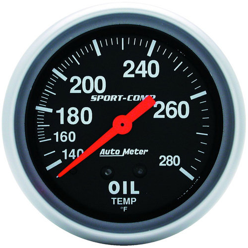 Autometer Gauge, Sport-Comp, Oil Temperature, 2 5/8 in, 140-280 Degrees F, Mechanical, 12 ft, Analog, Each