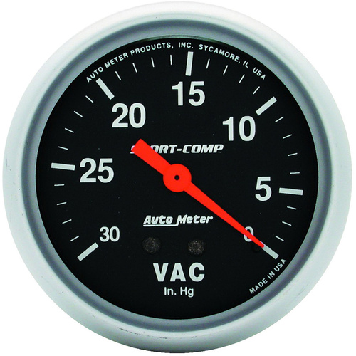 Autometer Gauge, Sport-Comp, Vacuum, 2 5/8 in., 30 in. Hg, Mechanical, Analog, Each