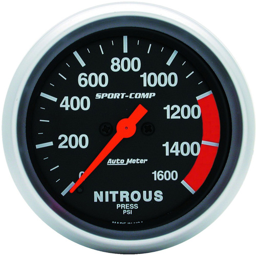 Autometer Gauge, Sport-Comp, Nitrous Pressure, 2 5/8 in., 1600psi, Digital Stepper Motor, Analog, Each