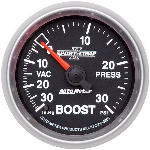 Autometer Gauge, Sport-Comp II, Vacuum/Boost, 2 1/16 in., 30 in. Hg/30psi, Mechanical, Analog, Each