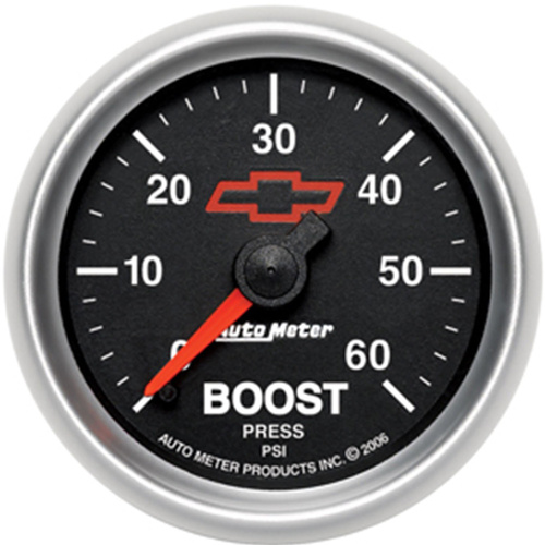 Autometer Gauge, Sport-Comp II, Boost, 2 1/16 in., 60psi, Mechanical, GM Bowtie Black, Analog, Each