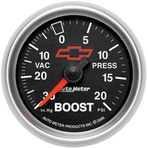 Autometer Gauge, Sport-Comp II, Vacuum/Boost, 2 1/16 in., 30 in. Hg/20psi, Mechanical, GM Bowtie Black, Analog, Each