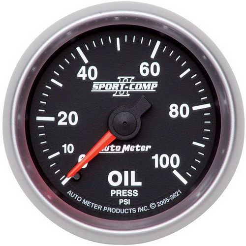 Autometer Gauge, Sport-Comp II, Oil Pressure, 2 1/16 in, 100psi, Mechanical, Analog, Each