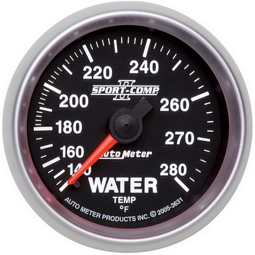 Autometer Gauge, Sport-Comp II, Water Temperature, 2 1/16 in., 140-280 Degrees F, Mechanical, Analog, Each
