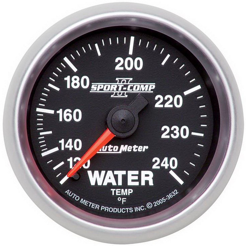 Autometer Gauge, Sport-Comp II, Water Temperature, 2 1/16 in., 120-240 Degrees F, Mechanical, Analog, Each