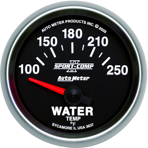Autometer Gauge, Sport-Comp II, Water Temperature, 2 1/16 in., 100-250 Degrees F, Electrical, Analog, Each
