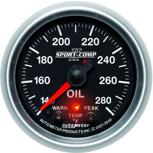 Autometer Gauge, Sport-Comp II, Oil Temperature, 2 1/16 in., 140-280 Degrees F, Stepper Motor W/Peak & Warn, Analog, Each