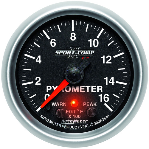 Autometer Gauge, Sport-Comp II, Pyrometer (EGT), 2 1/16 in., 1600 Degrees F, Stepper Motor W/Peak & Warn, Analog, Each