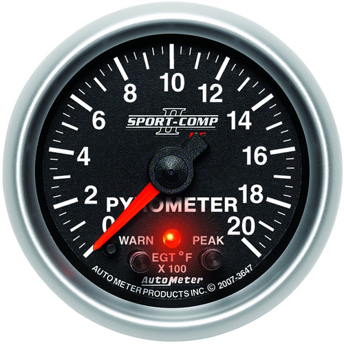 Autometer Gauge, Sport-Comp II, Pyrometer (EGT), 2 1/16 in., 2000 Degrees F, Stepper Motor W/Peak & Warn, Analog, Each