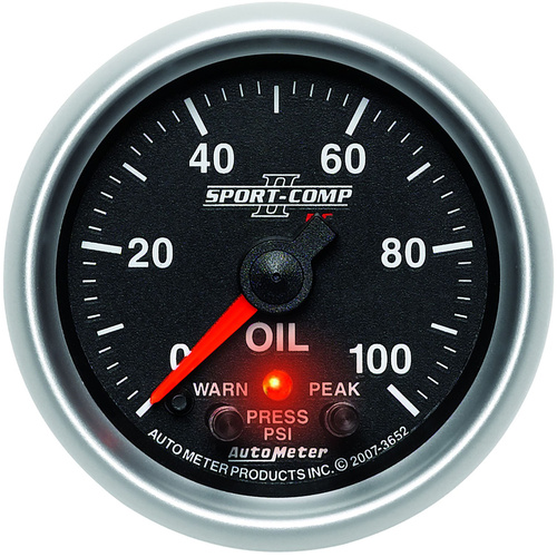 Autometer Gauge, Sport-Comp II, Oil Pressure, 2 1/16 in., 100psi, Digital Stepper Motor w/ Peak & Warn, Analog, Each