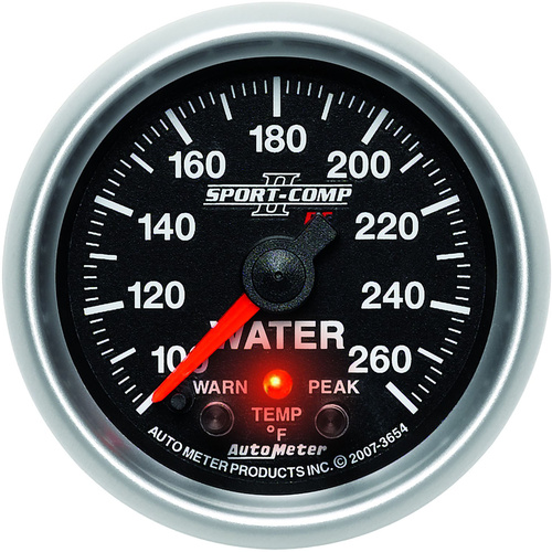Autometer Gauge, Sport-Comp II, Water Temperature, 2 1/16 in, 100-260 Degrees F, Stepper Motor W/Peak & Warn, Analog, Each