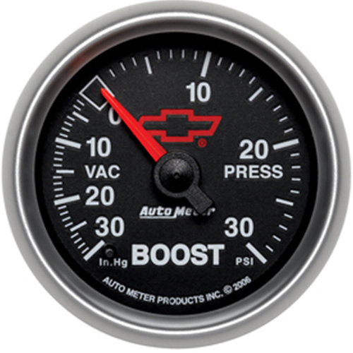 Autometer Gauge, Sport-Comp II, Vacuum/Boost, 2 1/16 in., 30 in. Hg/30psi, Digital Stepper Motor, GM Bowtie Black, Analog, Each