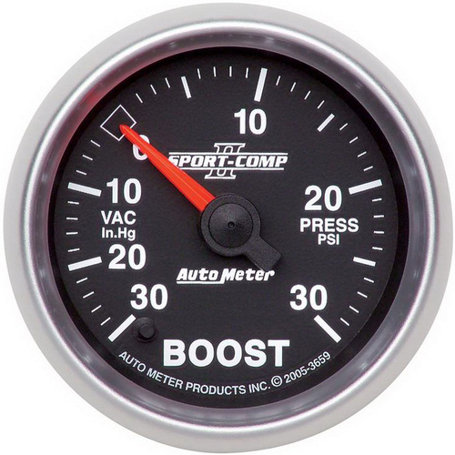 Autometer Gauge, Sport-Comp II, Boost/Vacuum 30 in. Hg/30 psi 2 1/16 in. Analog Electrical Each