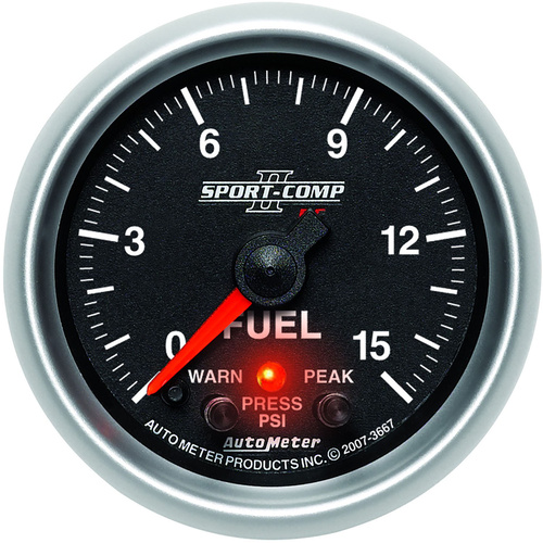 Autometer Gauge, Sport-Comp II, Fuel Pressure, 2 1/16 in., 15psi, Digital Stepper Motor W/Peak & Warn, Analog, Each