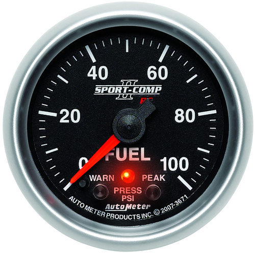 Autometer Gauge, Sport-Comp II, Fuel Pressure, 2 1/16 in., 100psi, Digital Stepper Motor W/Peak & Warn, Analog, Each