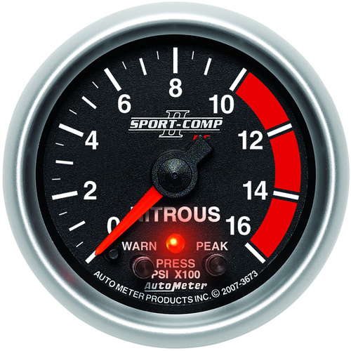 Autometer Gauge, Sport-Comp II, Nitrous Pressure, 2 1/16 in., 1600psi, Stepper Motor W/Peak & Warn, Each
