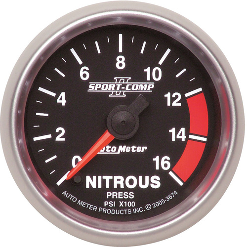 Autometer Gauge, Sport-Comp II, Nitrous Pressure 0-1600 psi 2 1/16 in. Analog Electrical, Each