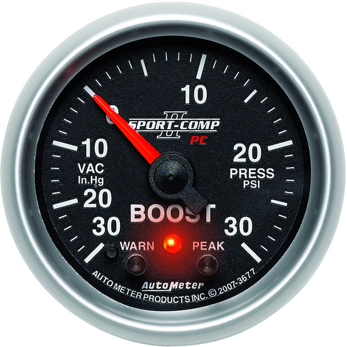 Autometer Gauge, Sport-Comp II, Vacuum/Boost, 2 1/16 in., 30 in. Hg/30psi, Stepper Motor W/Peak & Warn, Analog, Each