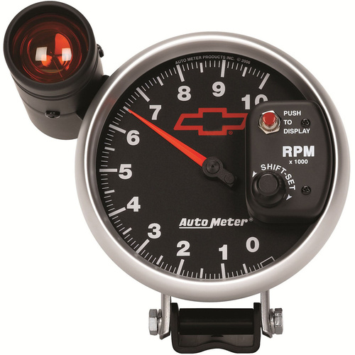 Autometer Gauge, Sport-Comp II, Tachometer, 5 in., 0-10K RPM, Pedestal w/ EXT. Shift-Lite, GM Bowtie Black, Analog, Each