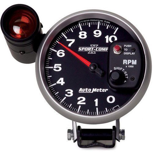Autometer Gauge, Sport-Comp II, Tachometer, 5 in., 0-10K RPM, Pedestal w/ EXT. Shift-Lite, Analog, Each